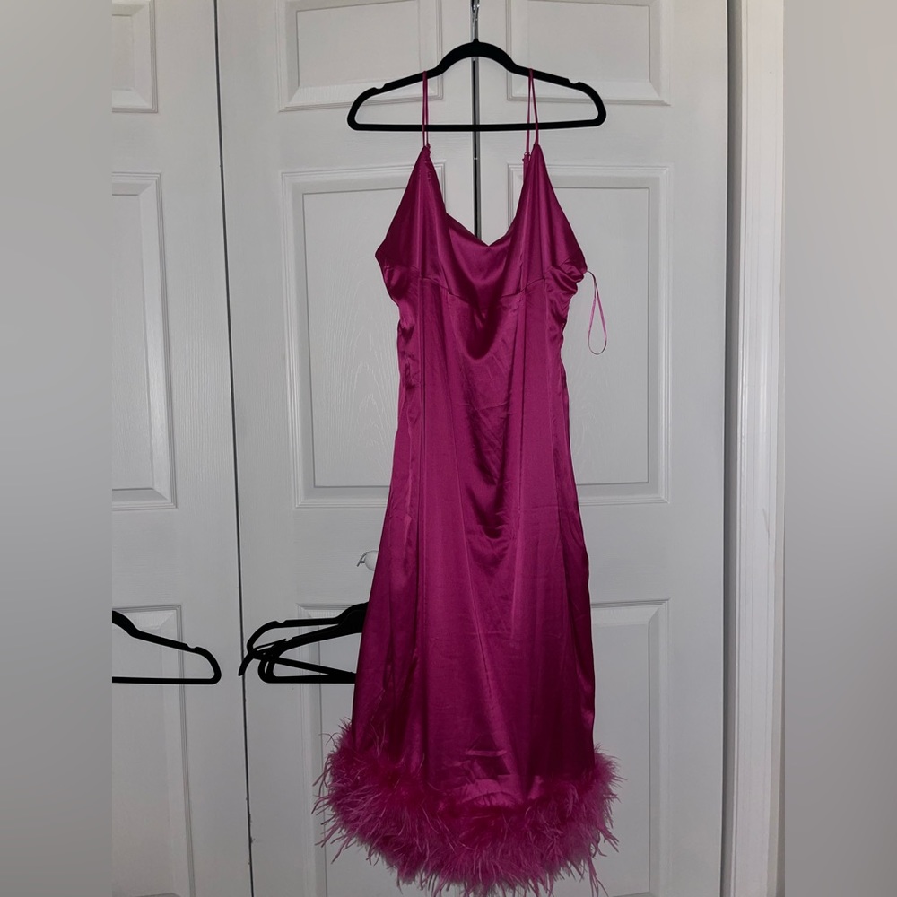 Pink satin feather hem dress